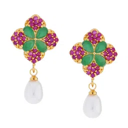 Sri Jagdamba Pearls Dealer Gold-Plated Contemporary Stone Studded & Beaded Drop Earrings-image-79