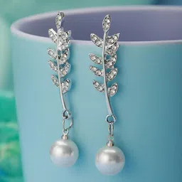 PRITA BY PRIYAASI Leaf American Diamond Pearl Drop Silver-Plated Earrings-27