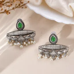DASTOOR Silver-Plated Contemporary Stone Studded Oxidised Drop Earrings-image-68