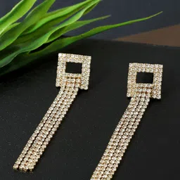 DressBerry Gold-Plated Rhinestone Studded Square Shaped Tasselled Drop Earrings-10