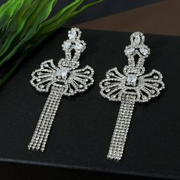 DressBerry Silver-Plated Rhinestones Studded Contemporary Shaped Tasselled Drop Earrings-10