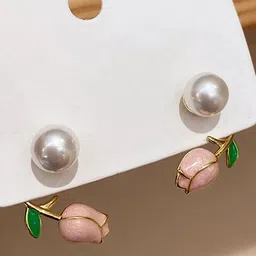 PolluxCraft Gold-Plated Zircon Pearls Beaded Floral Shaped Korean Studs-13
