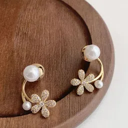 PolluxCraft Korean Gold-Plated Zircon & Pearls Studded Floral Studs-picture-17