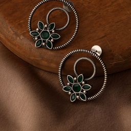 VENI 925 Silver Plated Oxidised Artificial Stones Studded Contemporary Hoop Earrings-28