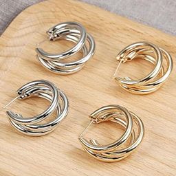 DN Creation Set Of 2 Gold Silver Plated Contemporary Twisted Layered Hoop Earrings-15