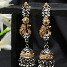 Sangria Silver-Plated Oxidised Peacock Shaped Jhumkas-17