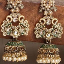 OOMPH Golden & Green Peacock Shaped Jhumka Earrings-44