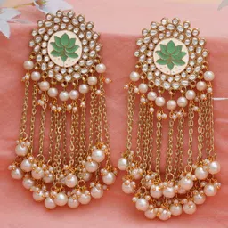 KARATCART Gold-Plated Lime Green & White Classic Kundan Drop Earrings-17