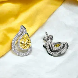 Designs & You Silver-Plated Cubic Zirconia Stone Studded Teardrop Shaped Studs Earrings-7
