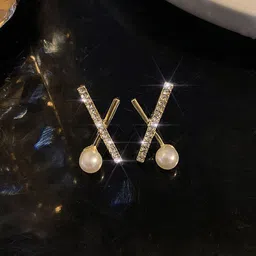 FIMBUL Gold-Plated & Cross-shaped Pearl Stone- Studded Studs Earrings-3