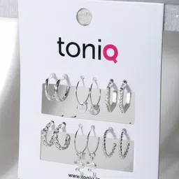 ToniQ Set of 6 Silver-Plated Stones Studded Circular Hoop Earrings-image-8