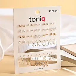 ToniQ  Set of 25 Silver-Toned & Gold-Toned Studs Earrings-image-77