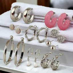 LUCKY JEWELLERY Set of 9 Artificial Stones Silver Plated Earrings-18