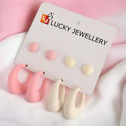 LUCKY JEWELLERY Set of 4 Silver-Plated Geometric Studs & Hoop Earrings-12
