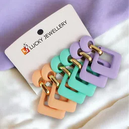 LUCKY JEWELLERY Set of 3 Gold-Plated Geometric Drop Earrings-59