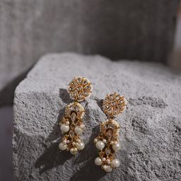 Ruby Raang Gold-Toned & White Pearl Beaded Contemporary Gold-Plated Jhumkas Earrings-image-9