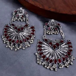 VAGHBHATT Silver-Plated Oxidized Stone Studded Chandbalis-24