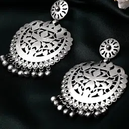 Rubans Silver Oxidised Drop Earrings With Elegantly Carved Design-97