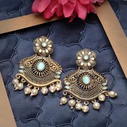 ADIVA Gold-Plated Stone Studded Antique Leaf Shaped Drop Earrings-10