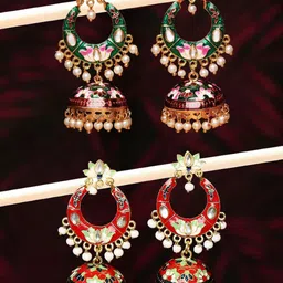 OOMPH Set of 2 Gold-Plated Floral Chandbalis Earrings-4