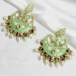 OOMPH Green & White Gold-Plated Meenakari Contemporary Chandbalis Earrings-image-92