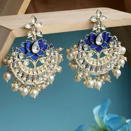 KARATCART Women Gold-Plated & Blue Meena Kundan Contemporary Chandbalis Earrings-image-21