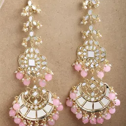 KARATCART Pink Gold Plated Beads Mirror Studded Contemporary Chandbalis Earrings-image-12