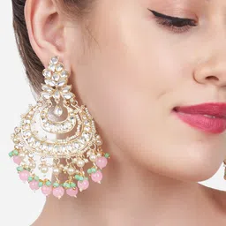 Zaveri Pearls Green & Pink Kundan Studded Chandbalis Earrings-24