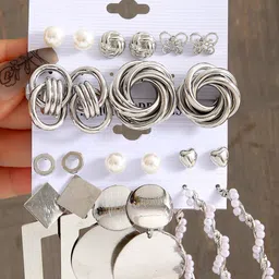 Shining Diva Fashion Set Of 11 Silver-Plated Stone-Studded Beaded Studs & Hoop Earrings-image-96
