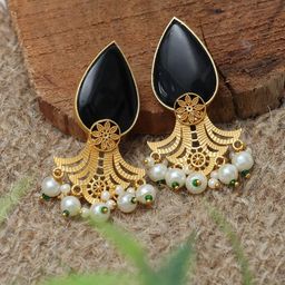 Ozanoo Gold-Plated Floral Artificial Stones Studded Beads Beaded Drop Earrings-6