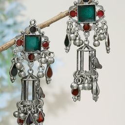 Moedbuille Silver-Plated Stones Studded & Beaded Contemporary Oxidised Drop Earrings-12