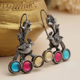 Moedbuille Silver-Plated Crystals Studded Peacock Shaped Drop Earrings-8