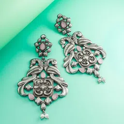 aadita Silver-Plated Stone Studded Contemporary Drop Earrings-17