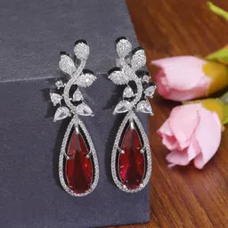 ZENEME Rhodium-Plated Teardrop Shaped Drop Earrings-14