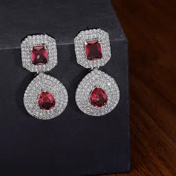 ZENEME Rhodium-Plated American Diamond Studded Teardrop Shaped Drop Earrings-91