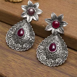 PANASH Silver-Plated & Maroon Teardrop Shaped Drop Earrings-image-22
