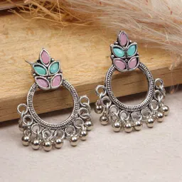 Crunchy Fashion Silver-Plated Crescent Shaped Kundan Studded Oxidised Drop Earrings-image-82