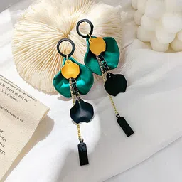 Yellow Chimes Gold-Plated Green & Black Leaf Shaped Drop Earrings-image-38