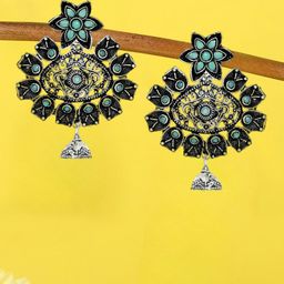 OOMPH Silver-Plated Oxidised Floral Design Drop Earrings-43