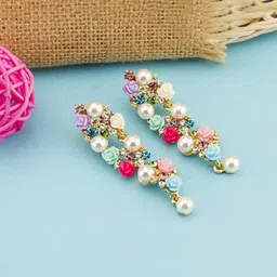 Yellow Chimes Gold-Plated & White Floral Drop Earrings-16