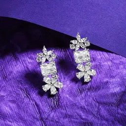 DressBerry Silver-Plated Floral Zircon Studded Drop Earrings-56