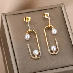 Krelin Gold Plated Beaded & Stone Studded Geometric Drop Earrings-image-83