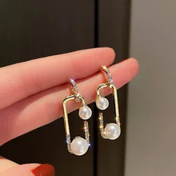 Krelin Gold Plated Pearl Beaded Rectangle Drop Earrings-image-32
