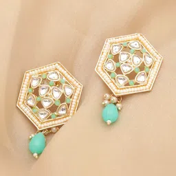 Rubans Gold-Plated Kundan Studded & Beaded Geometric Drop Earrings-11