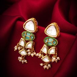 aadita Gold-Plated Kundan-Studded & Pearl-Beaded Contemporary Drop Earrings-3