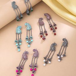 Yellow Chimes Set Of 5 Silver Plated Meenakhari Drop Earrings-94