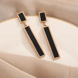 Yellow Chimes  Rose Gold Plated Stainless Steel Black Square Drop Earrings-2