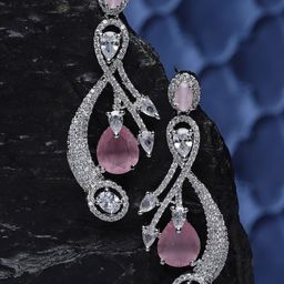 ZENEME Rhodium-Plated American Diamond Leaf Shaped Drop Earrings-53