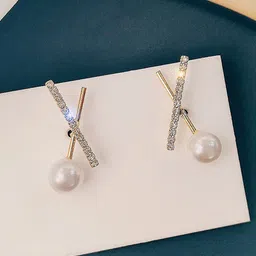 FIMBUL Gold-Plated Stones Studded Cross-shaped Pearl Studs Earrings-4