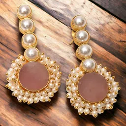 Ozanoo Gold Plated Stone Studded & Pearl Beaded Drop Earrings-11